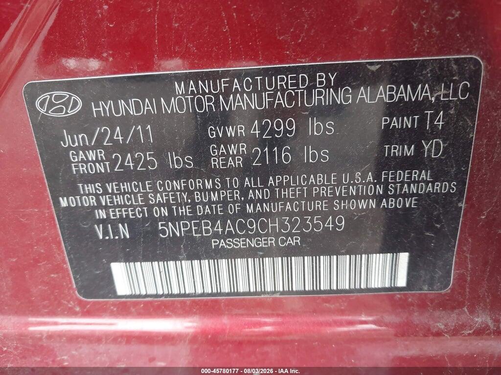 5NPEB4AC9CH323549 2012 HYUNDAI SONATA photo no. 9