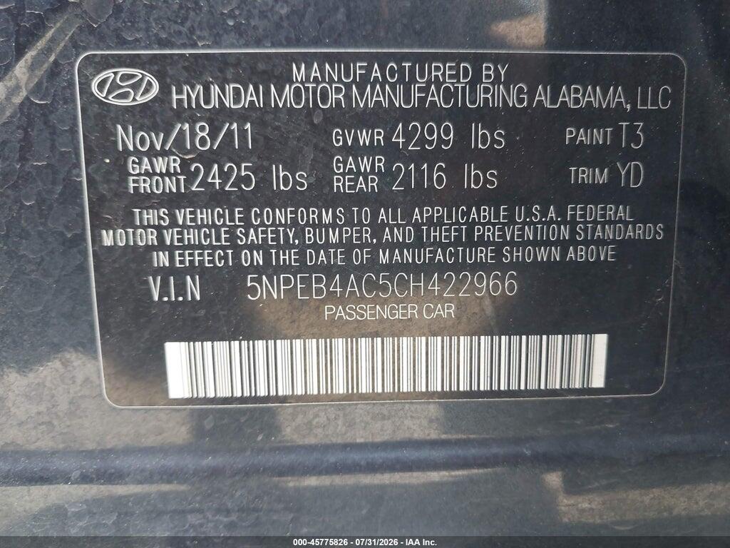 5NPEB4AC5CH422966 2012 HYUNDAI SONATA photo no. 9
