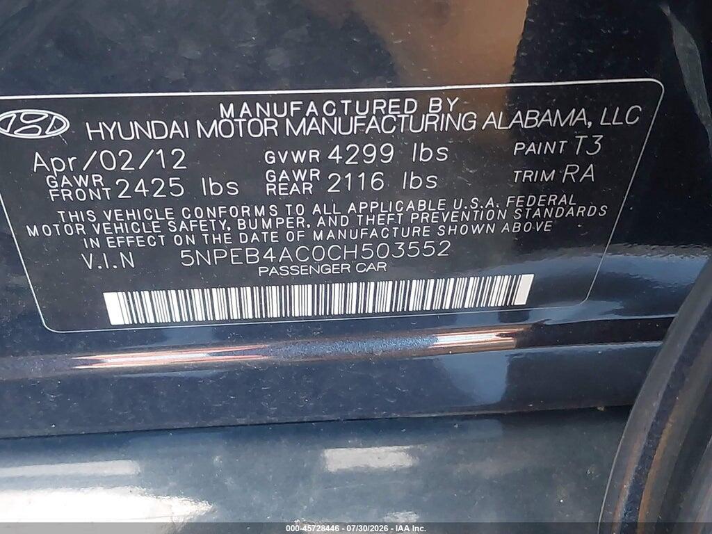 5NPEB4AC0CH503552 2012 HYUNDAI SONATA photo no. 9