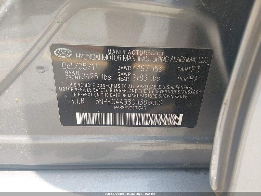 5NPEC4AB8CH389000 2012 HYUNDAI SONATA photo no. 9