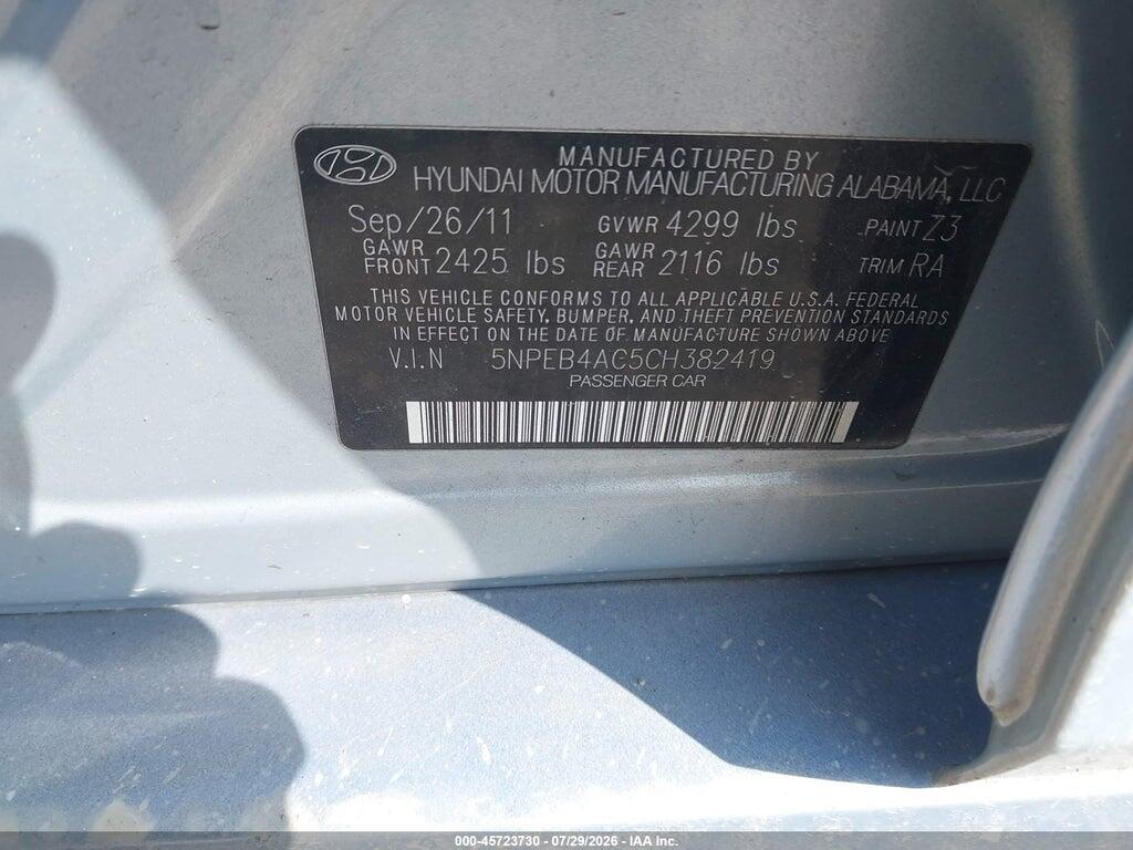 5NPEB4AC5CH382419 2012 HYUNDAI SONATA photo no. 9