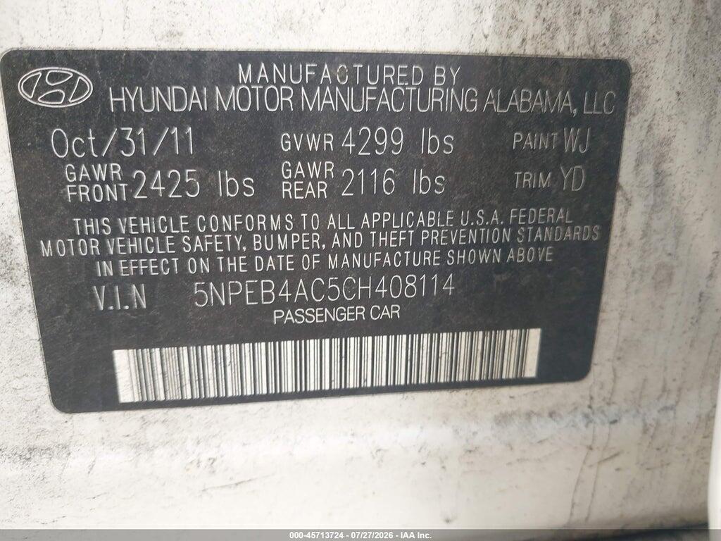 5NPEB4AC5CH408114 2012 HYUNDAI SONATA photo no. 9
