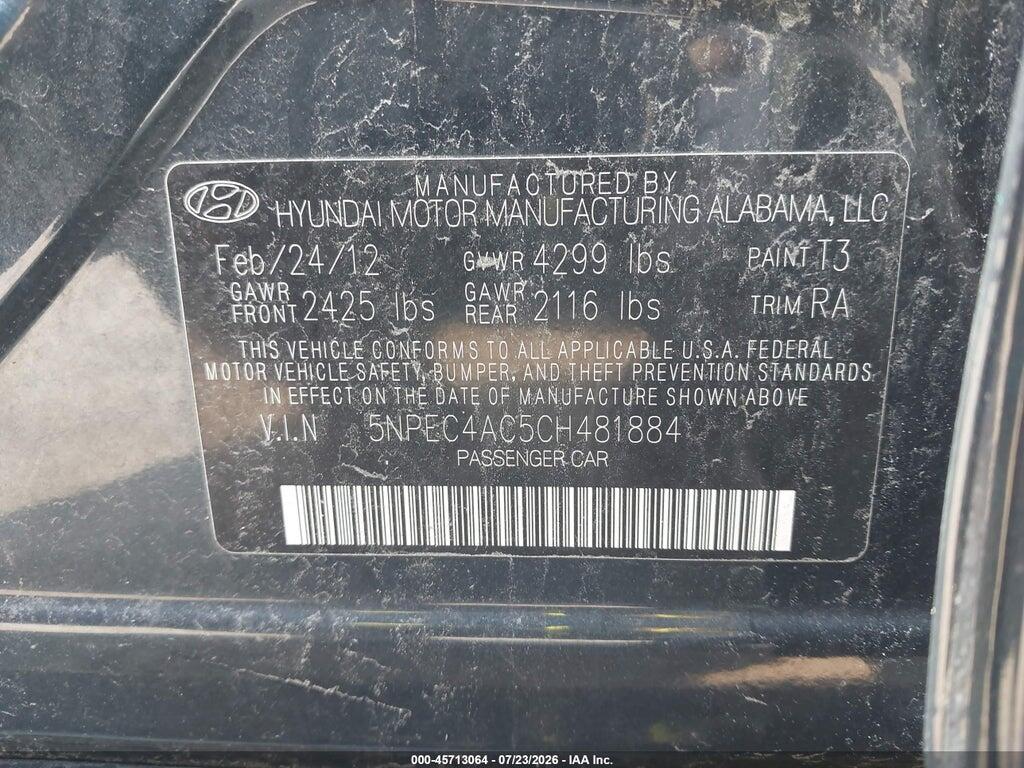 5NPEC4AC5CH481884 2012 HYUNDAI SONATA photo no. 9