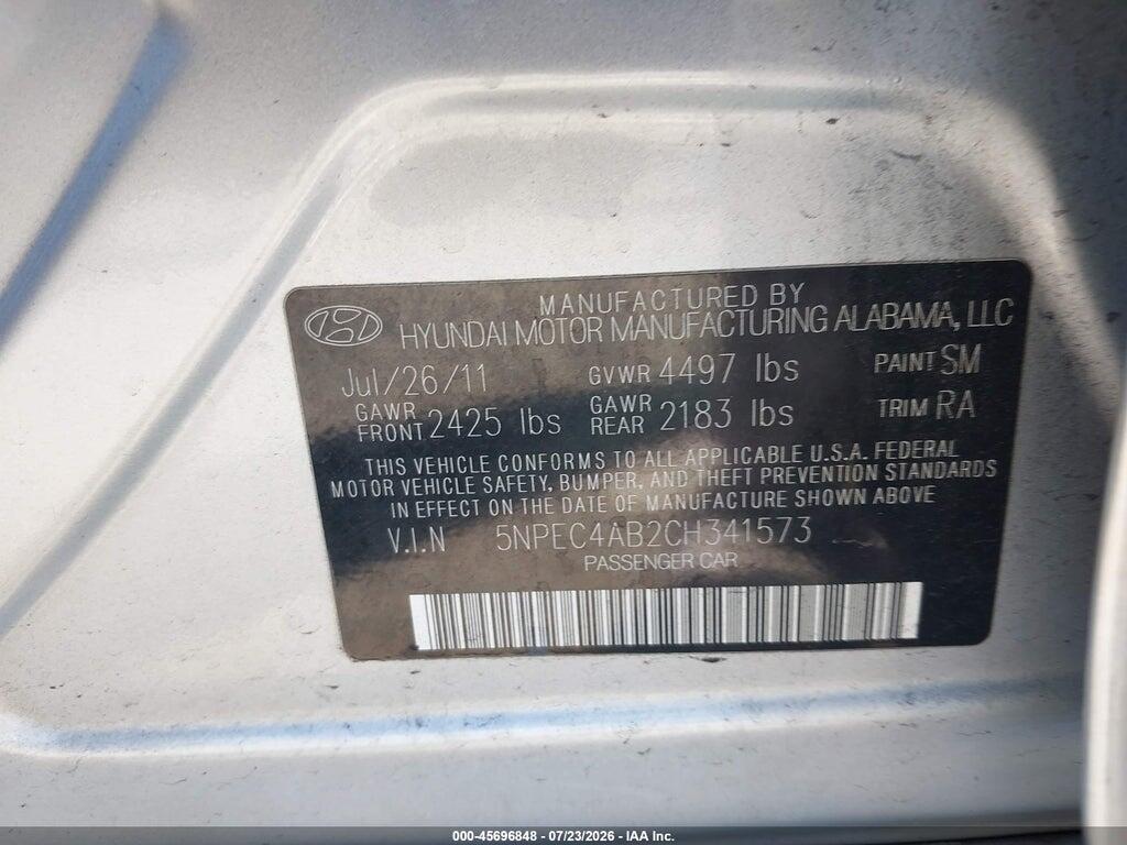 5NPEC4AB2CH341573 2012 HYUNDAI SONATA photo no. 9