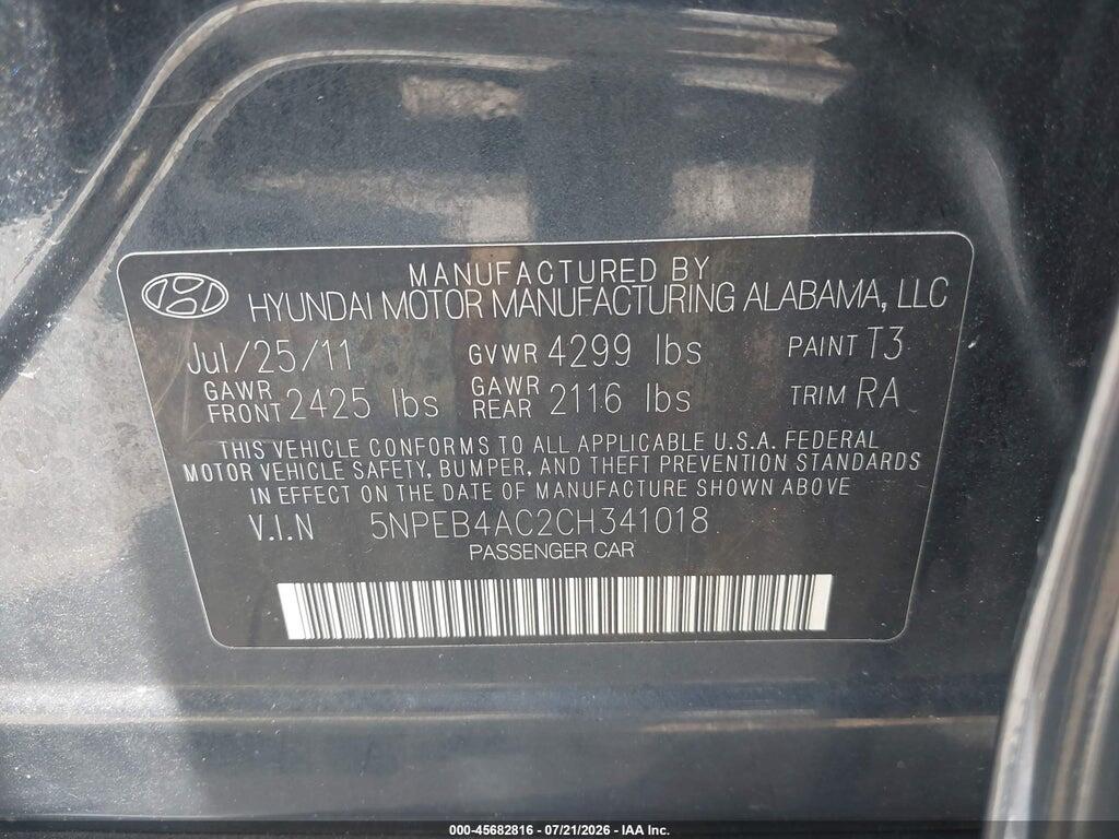 5NPEB4AC2CH341018 2012 HYUNDAI SONATA photo no. 9