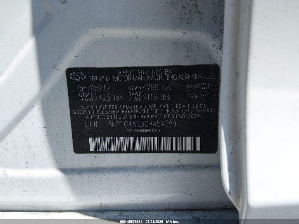 5NPEC4AC3CH454389 2012 HYUNDAI SONATA photo no. 9