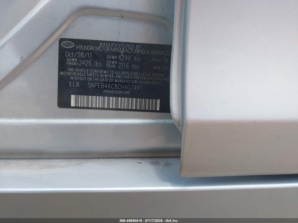 5NPEB4AC8CH407491 2012 HYUNDAI SONATA photo no. 9