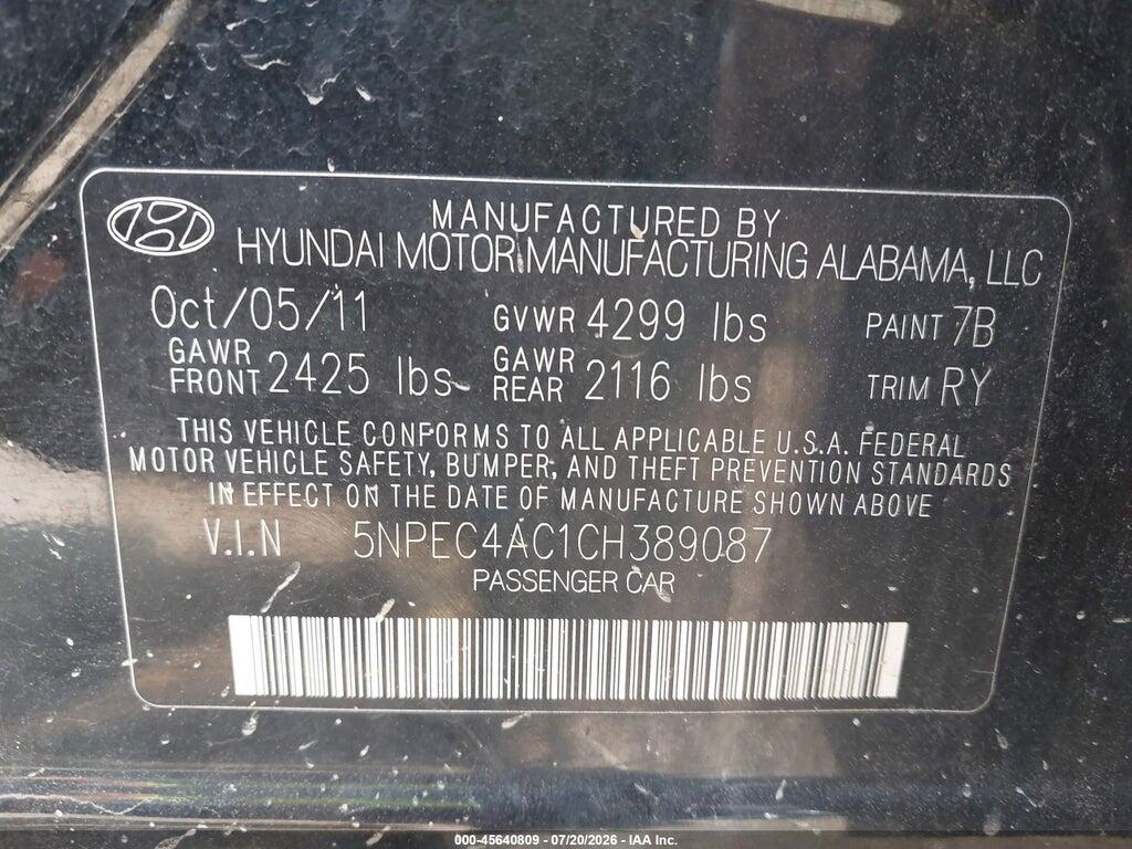 5NPEC4AC1CH389087 2012 HYUNDAI SONATA photo no. 9