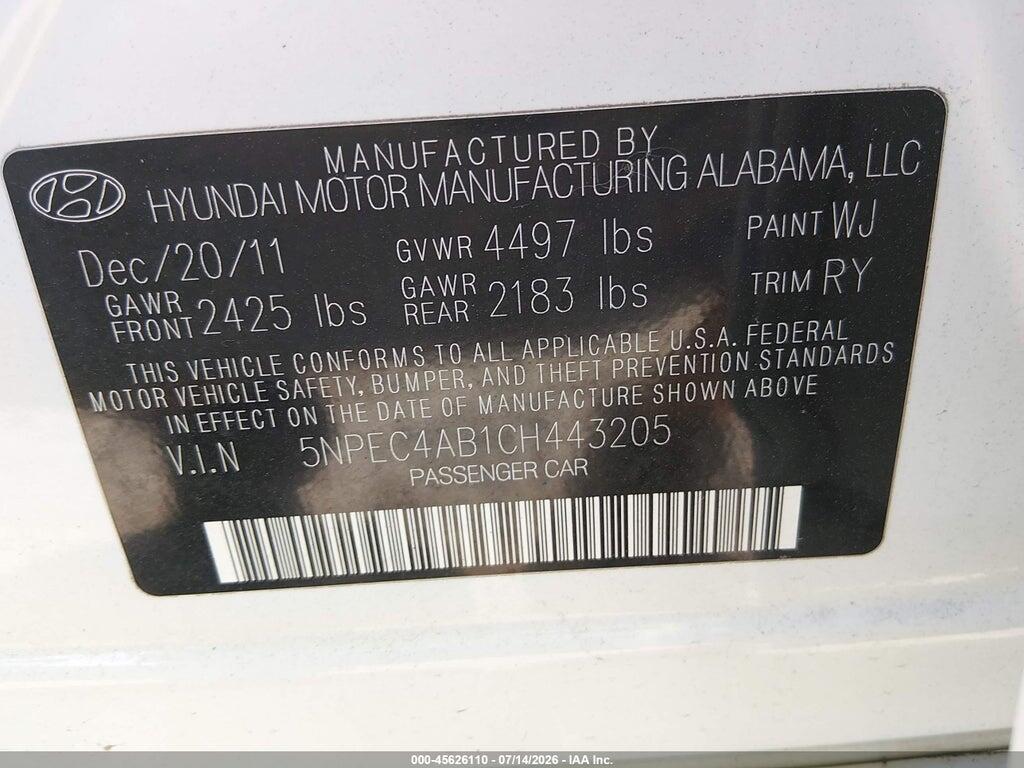 5NPEC4AB1CH443205 2012 HYUNDAI SONATA photo no. 9