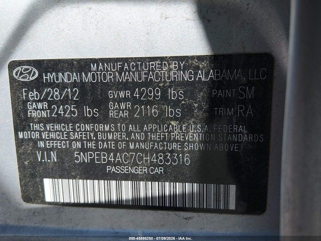 5NPEB4AC7CH483316 2012 HYUNDAI SONATA photo no. 9