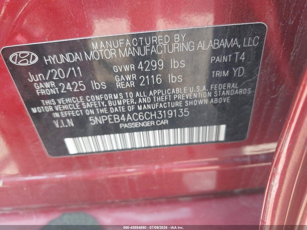 5NPEB4AC6CH319135 2012 HYUNDAI SONATA photo no. 9