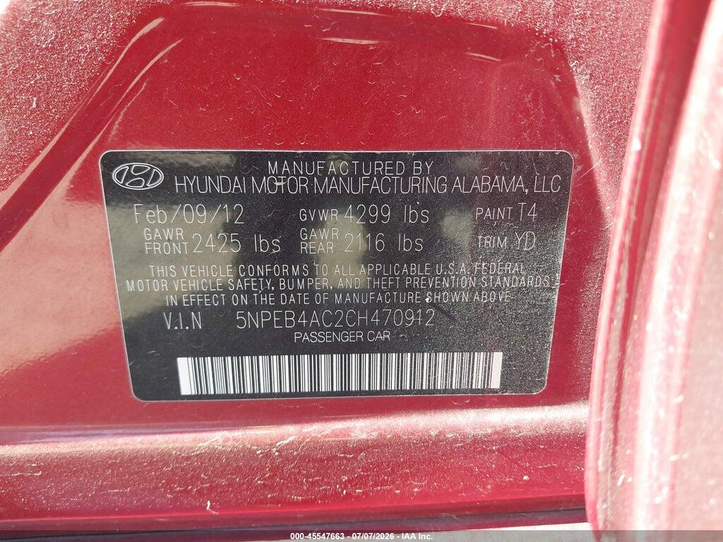 5NPEB4AC2CH470912 2012 HYUNDAI SONATA photo no. 9