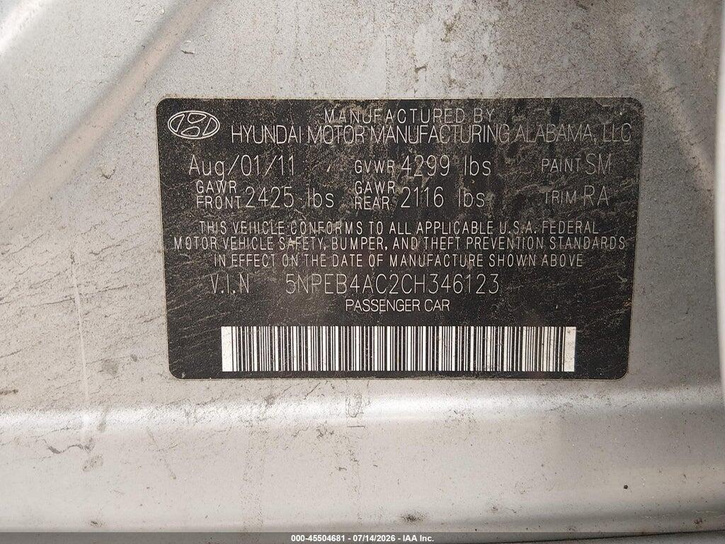 5NPEB4AC2CH346123 2012 HYUNDAI SONATA photo no. 9