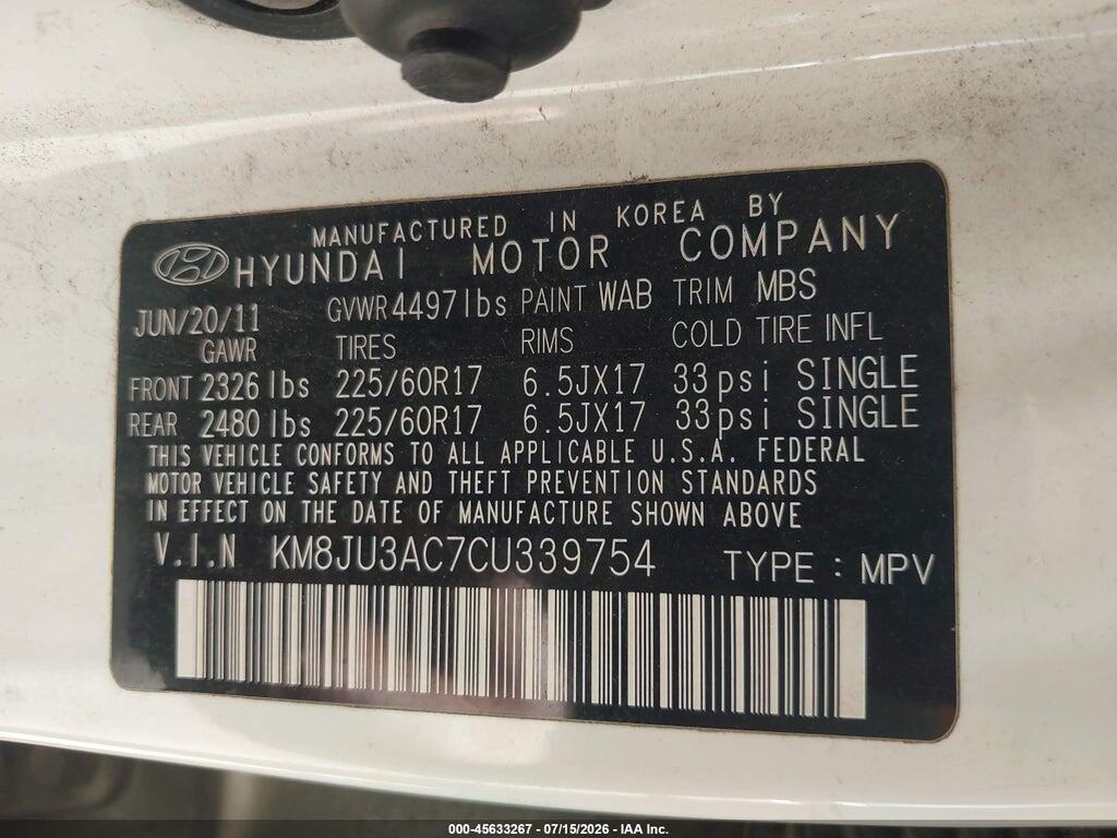 KM8JU3AC7CU339754 2012 HYUNDAI TUCSON photo no. 9