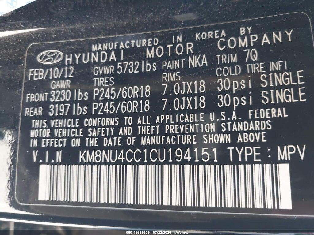 KM8NU4CC1CU194151 2012 HYUNDAI VERACRUZ photo no. 9