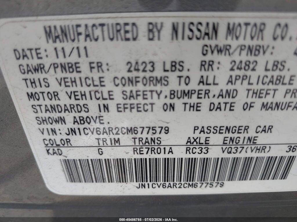 JN1CV6AR2CM677579 2012 INFINITI G37X photo no. 9