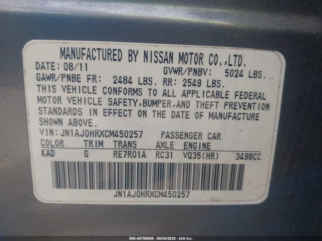 JN1AJ0HRXCM450257 2012 INFINITI EX35 photo no. 9
