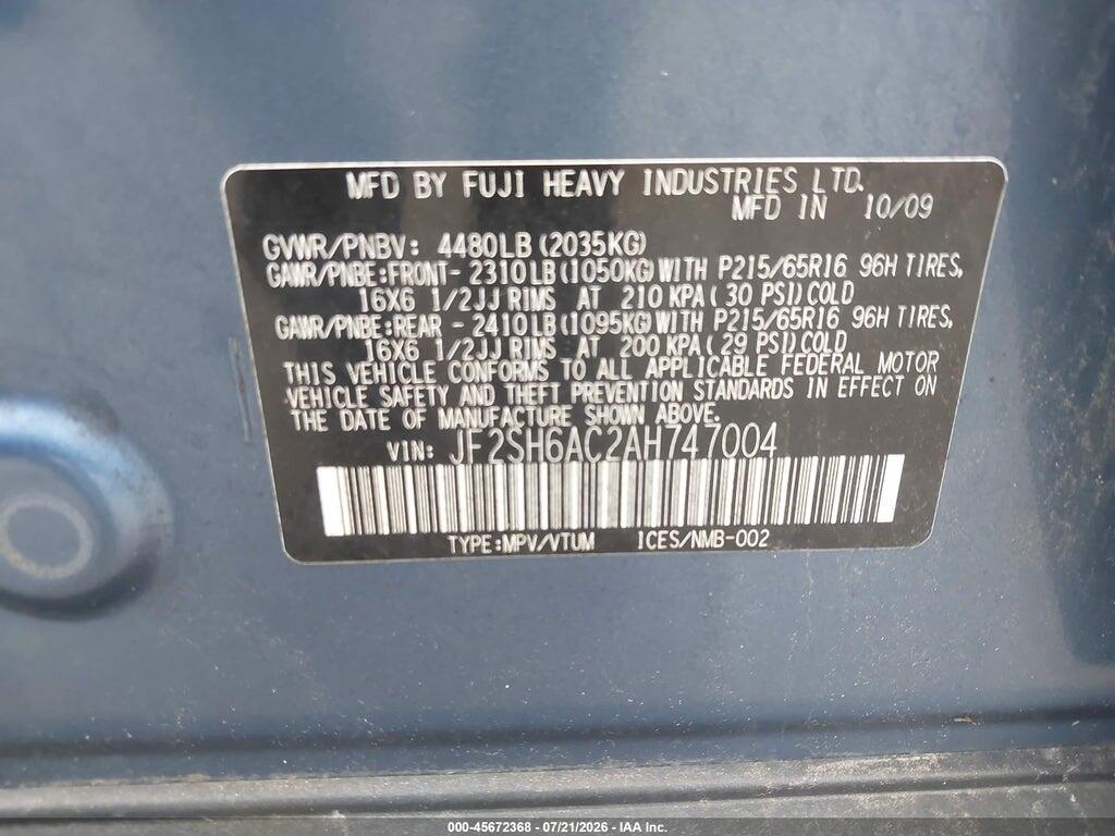 JF2SH6AC2AH747004 2010 SUBARU FORESTER photo no. 9
