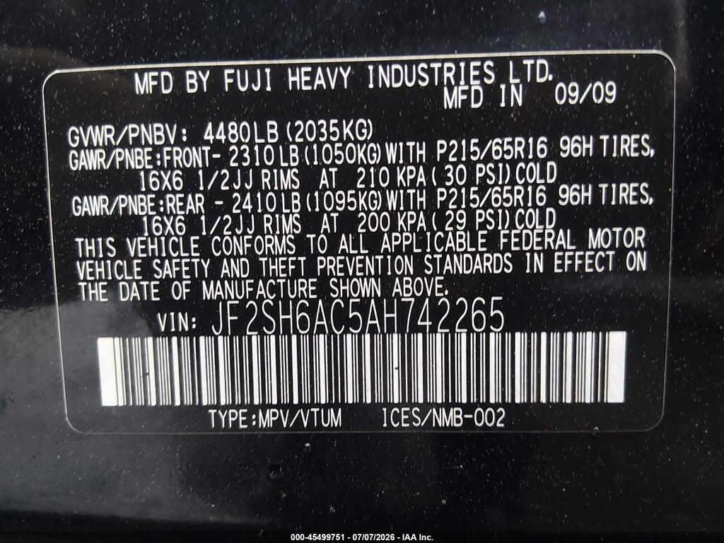 JF2SH6AC5AH742265 2010 SUBARU FORESTER photo no. 9