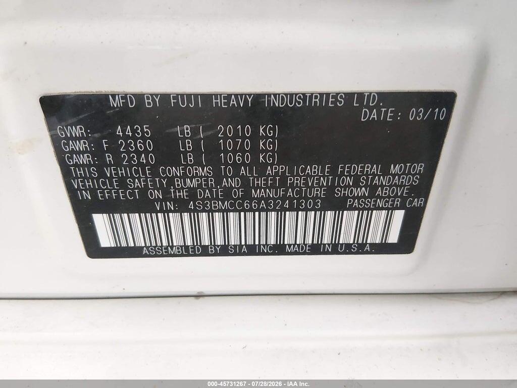 4S3BMCC66A3241303 2010 SUBARU LEGACY photo no. 9
