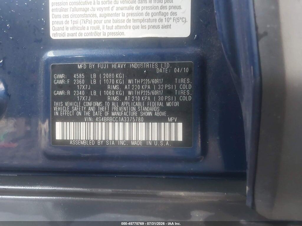 4S4BRBCC1A3375780 2010 SUBARU OUTBACK photo no. 9