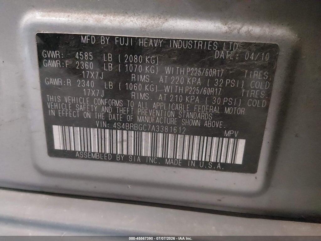 4S4BRBGC7A3381612 2010 SUBARU OUTBACK photo no. 9