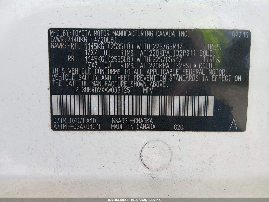 2T3DK4DVXAW033125 2010 TOYOTA RAV4 photo no. 9