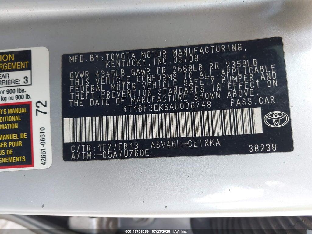 4T1BF3EK6AU006748 2010 TOYOTA CAMRY photo no. 9