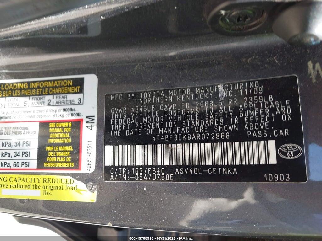 4T4BF3EK8AR072868 2010 TOYOTA CAMRY photo no. 9