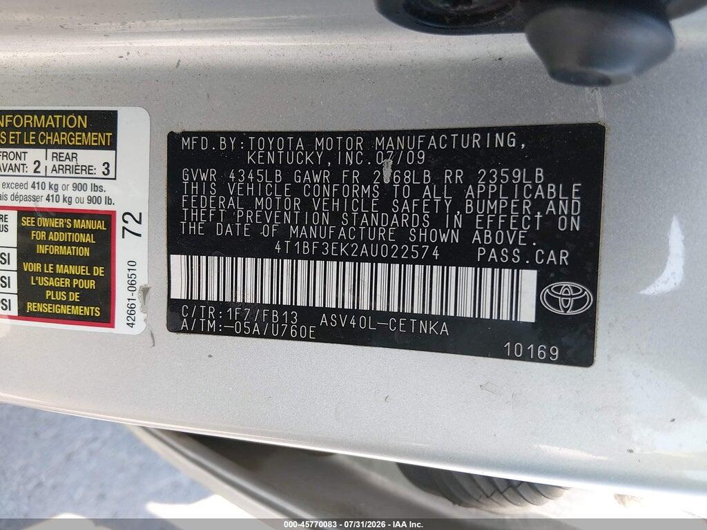 4T1BF3EK2AU022574 2010 TOYOTA CAMRY photo no. 9