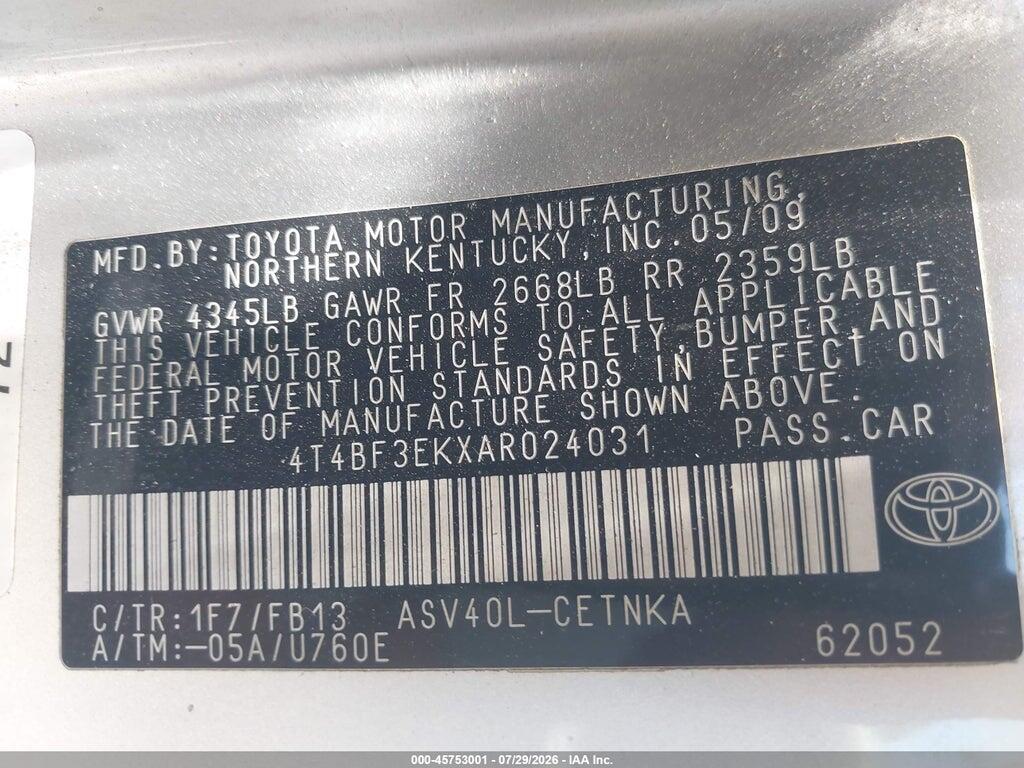 4T4BF3EKXAR024031 2010 TOYOTA CAMRY photo no. 9