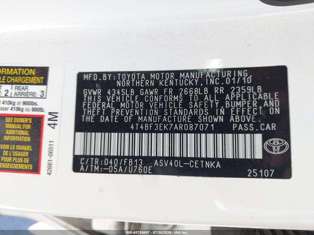 4T4BF3EK7AR087071 2010 TOYOTA CAMRY photo no. 9