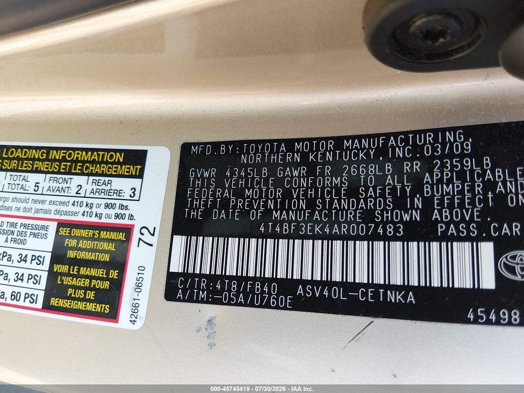 4T4BF3EK4AR007483 2010 TOYOTA CAMRY photo no. 9
