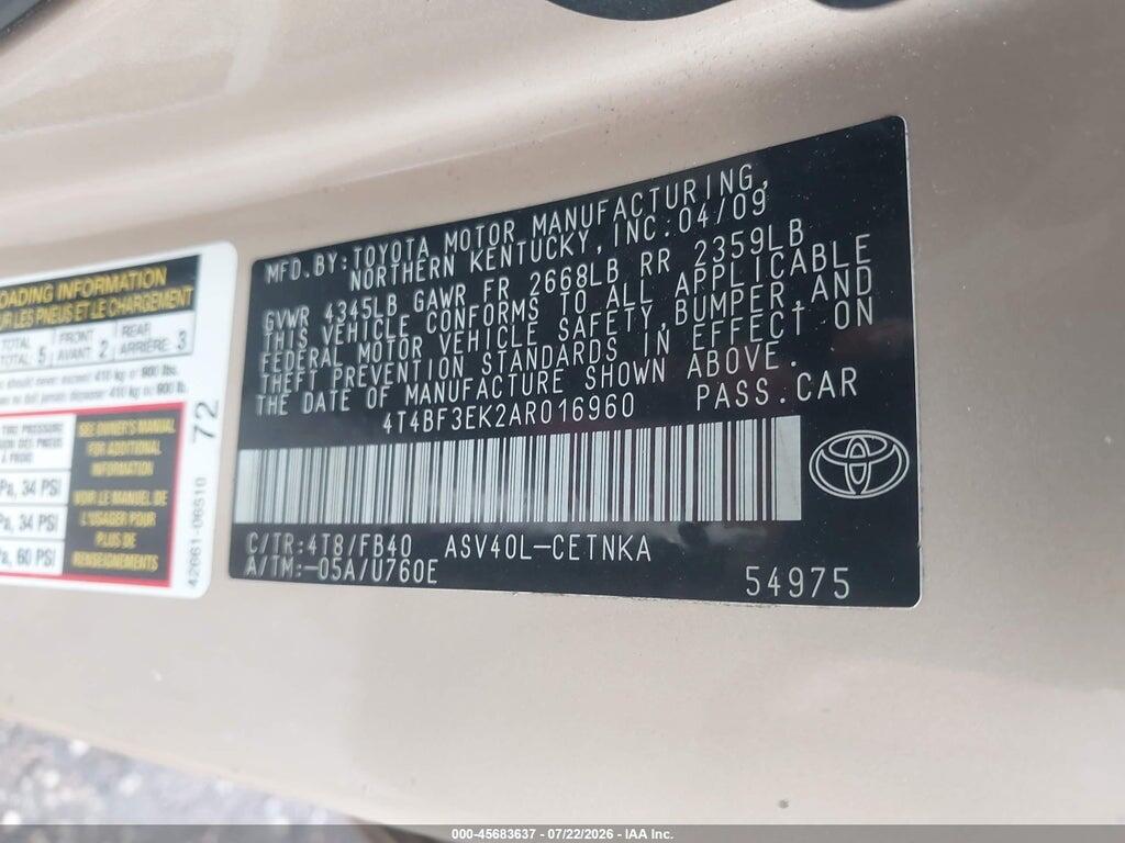 4T4BF3EK2AR016960 2010 TOYOTA CAMRY photo no. 9