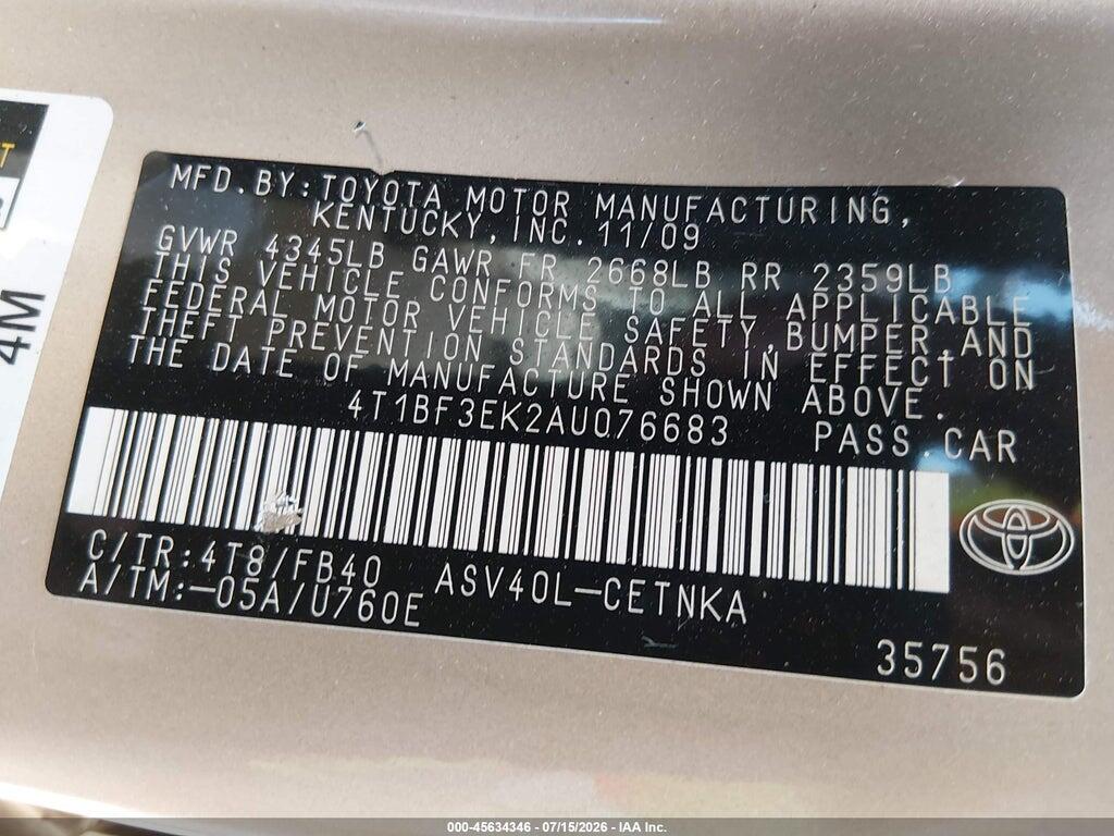 4T1BF3EK2AU076683 2010 TOYOTA CAMRY photo no. 9