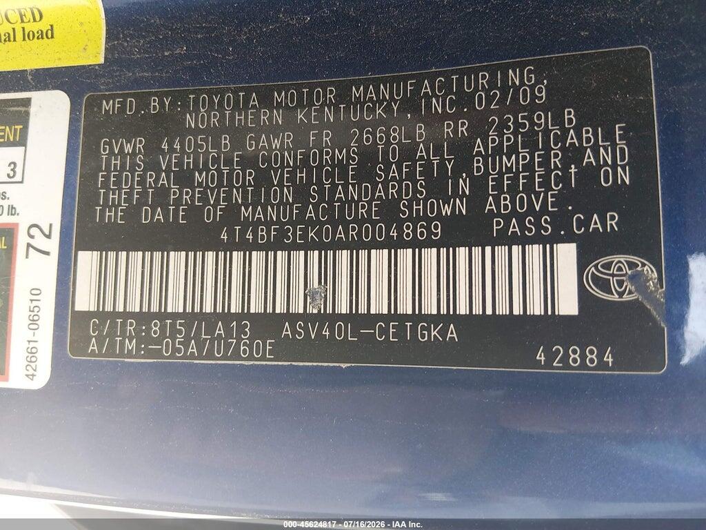 4T4BF3EK0AR004869 2010 TOYOTA CAMRY photo no. 9