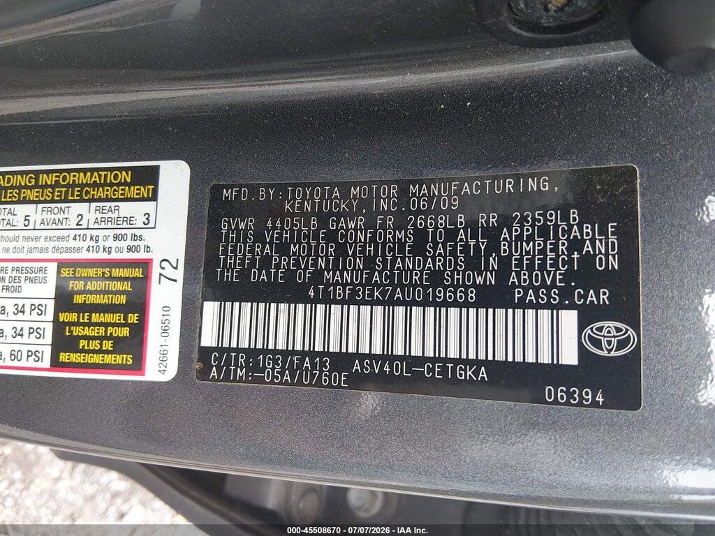 4T1BF3EK7AU019668 2010 TOYOTA CAMRY photo no. 9