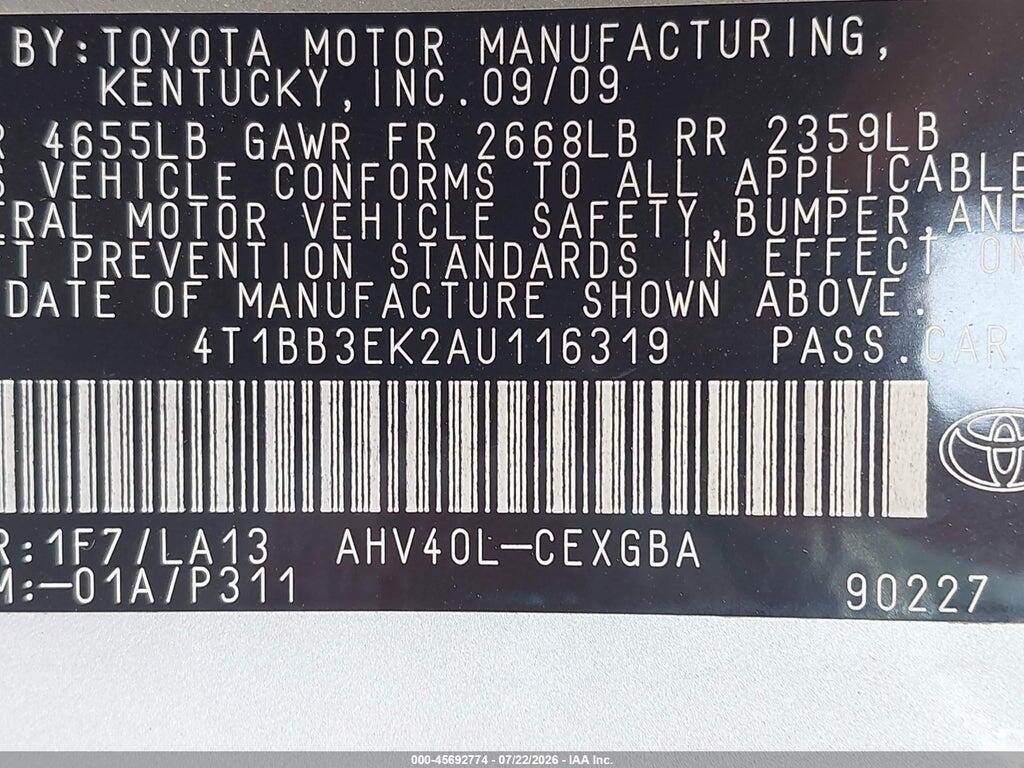4T1BB3EK2AU116319 2010 TOYOTA CAMRY HYBRID photo no. 9