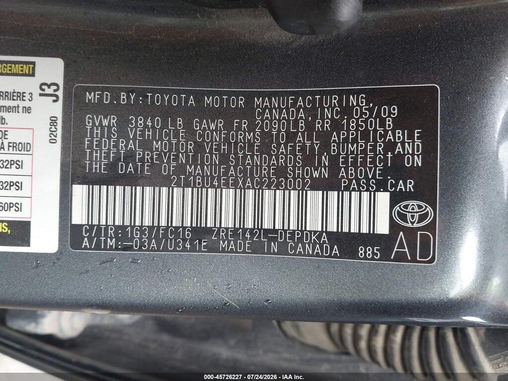 2T1BU4EEXAC223002 2010 TOYOTA COROLLA photo no. 9