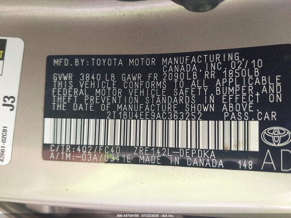 2T1BU4EE9AC363252 2010 TOYOTA COROLLA photo no. 8
