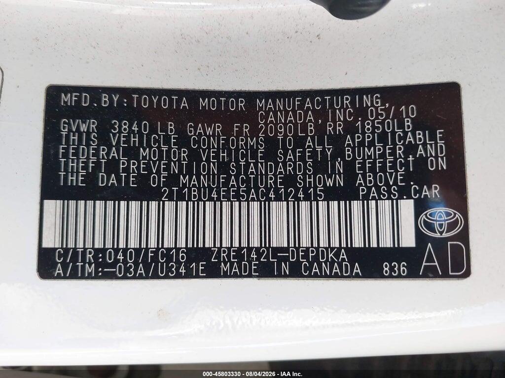 2T1BU4EE5AC412415 2010 TOYOTA COROLLA photo no. 9
