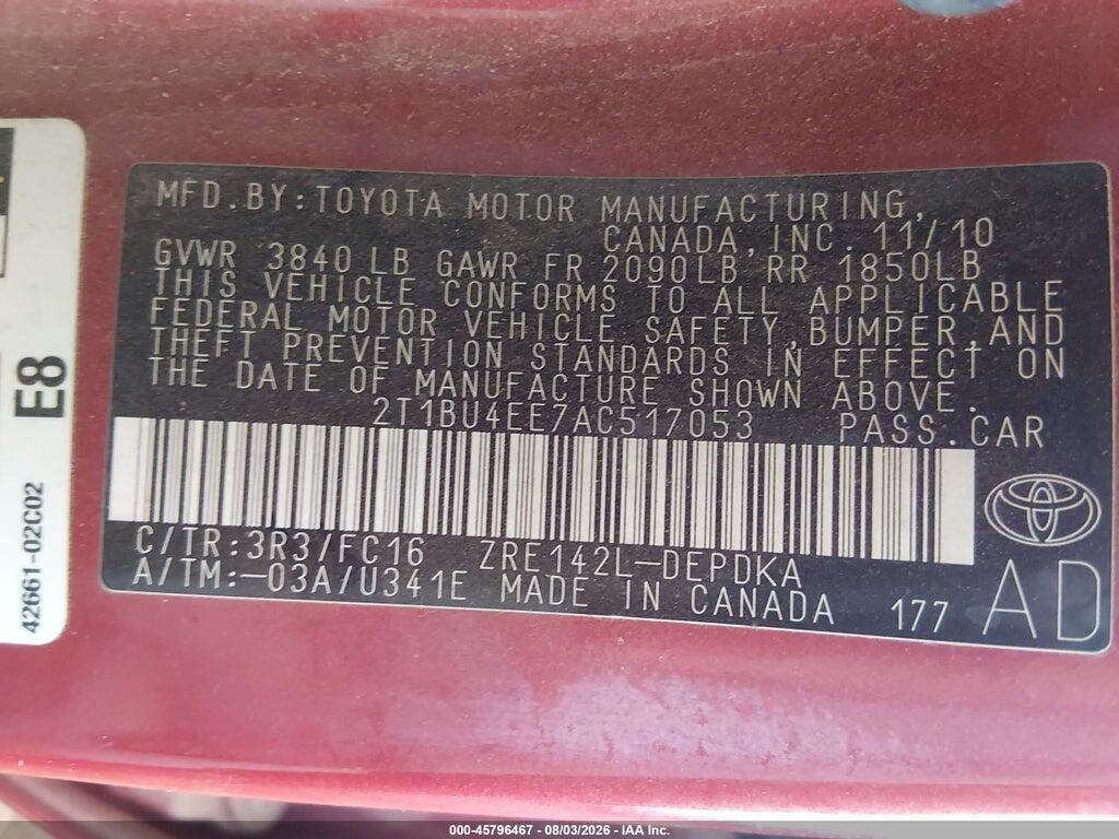 2T1BU4EE7AC517053 2010 TOYOTA COROLLA photo no. 9