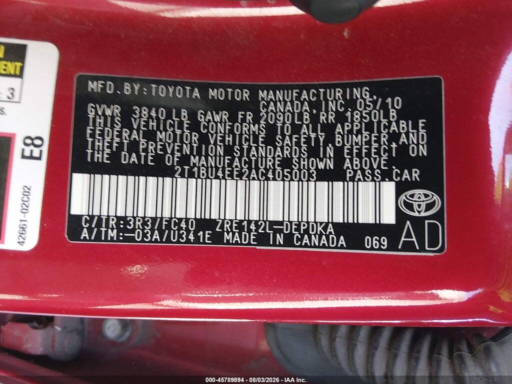 2T1BU4EE2AC405003 2010 TOYOTA COROLLA photo no. 9
