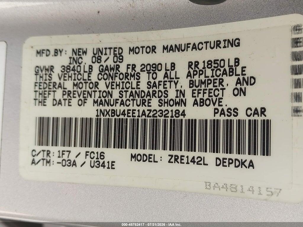 1NXBU4EE1AZ232184 2010 TOYOTA COROLLA photo no. 9