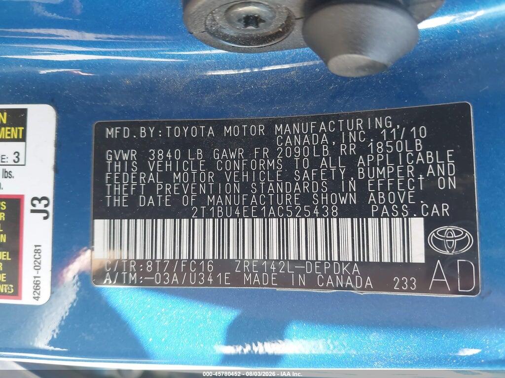 2T1BU4EE1AC525438 2010 TOYOTA COROLLA photo no. 9