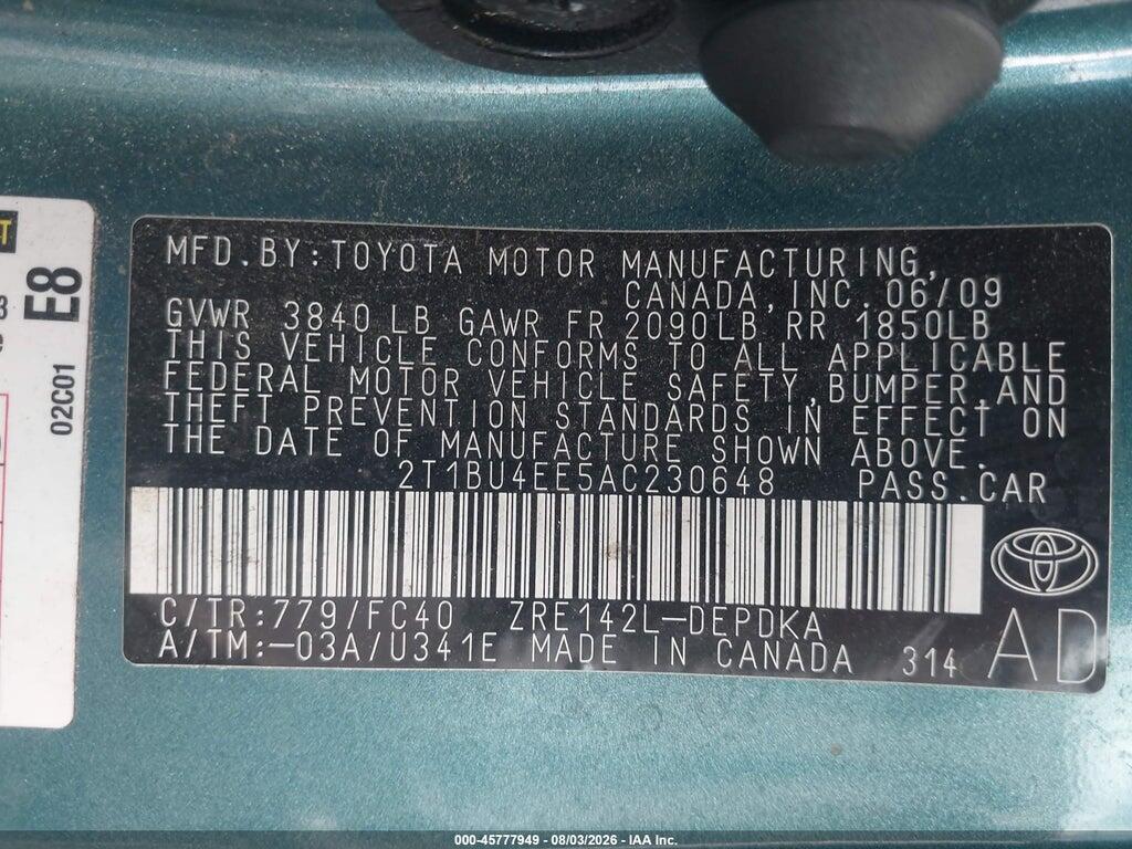 2T1BU4EE5AC230648 2010 TOYOTA COROLLA photo no. 9