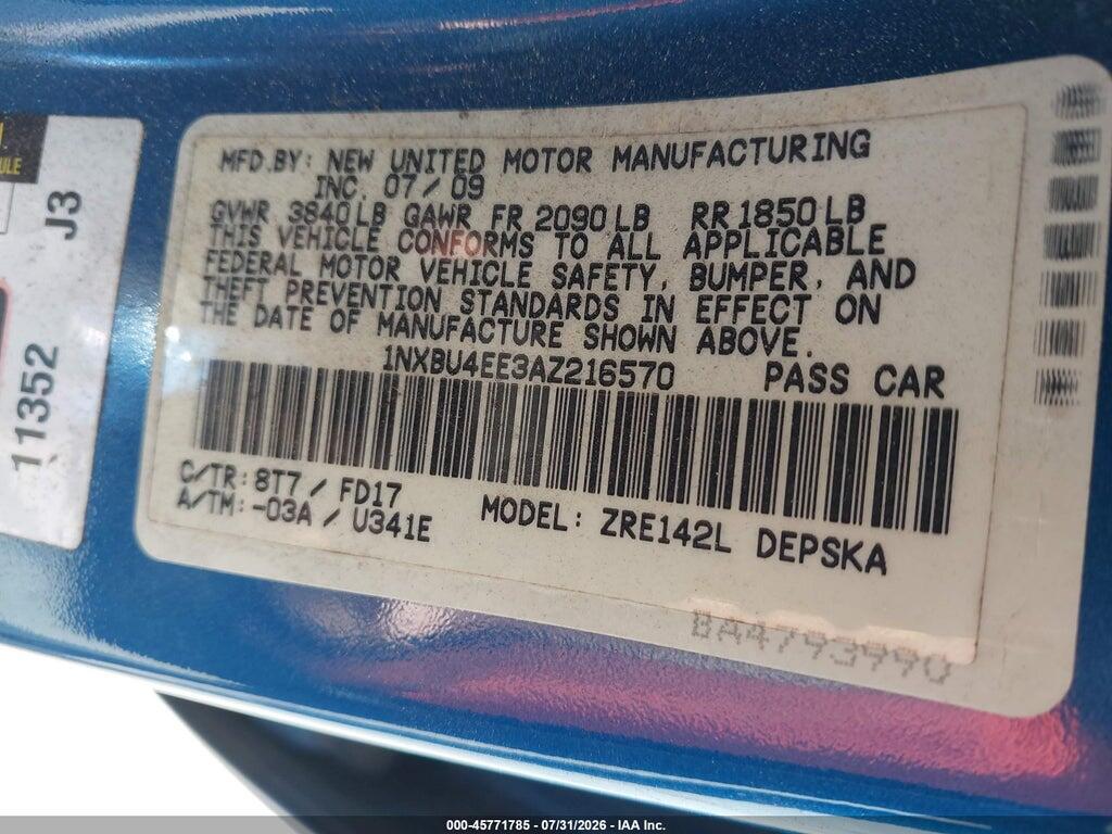 1NXBU4EE3AZ216570 2010 TOYOTA COROLLA photo no. 9