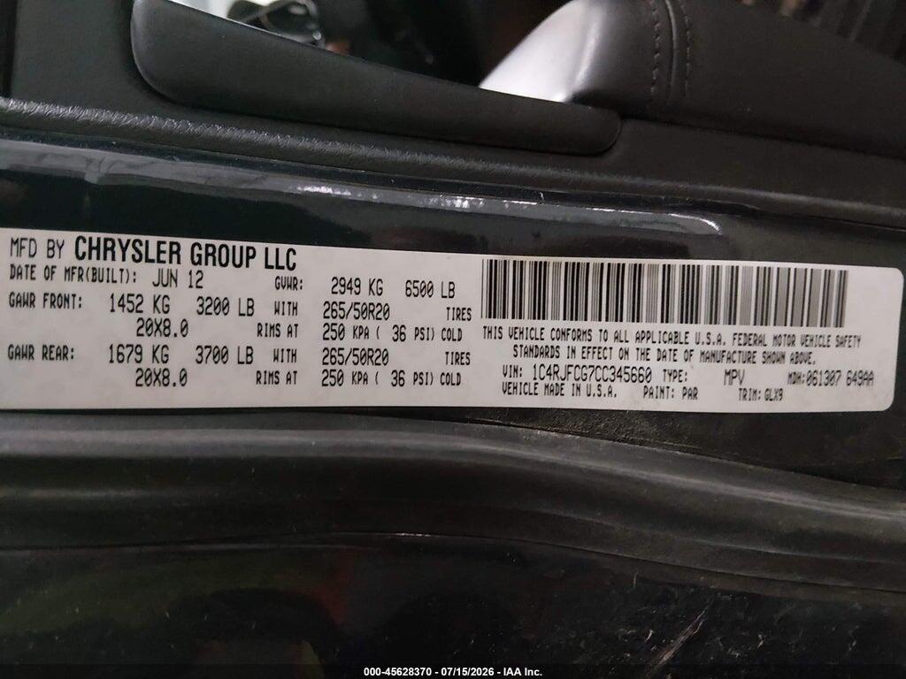 1C4RJFCG7CC345660 2012 JEEP GRAND CHEROKEE photo no. 9