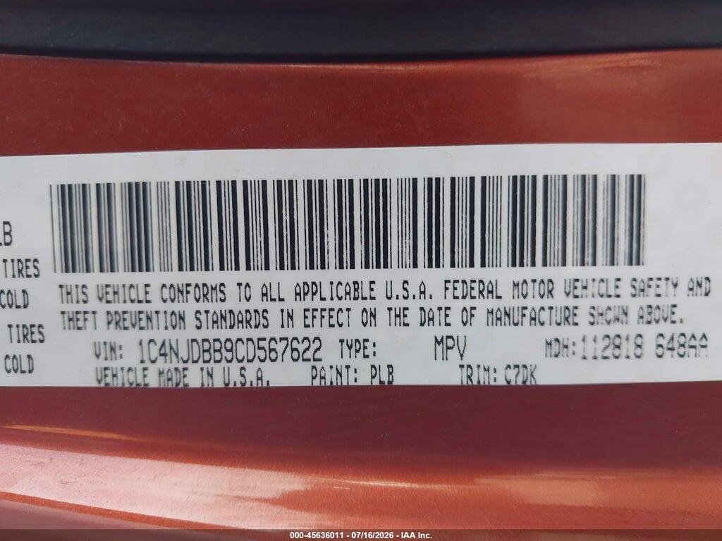 1C4NJDBB9CD567622 2012 JEEP COMPASS photo no. 9