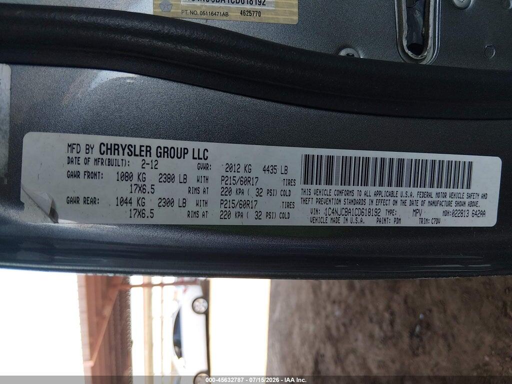 1C4NJCBA1CD618192 2012 JEEP COMPASS photo no. 9